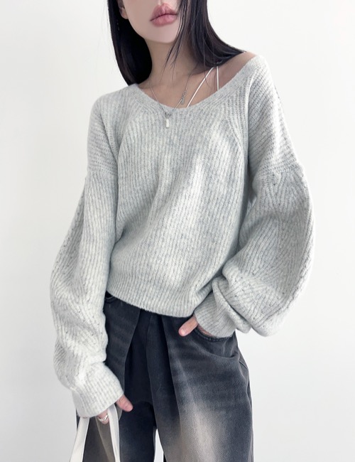 puff sleeve loose V-neck knit