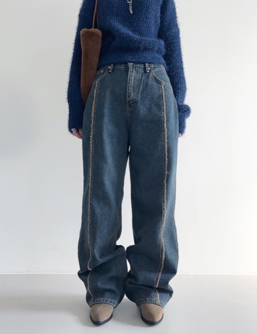 fringe vintage blue wide denim pants