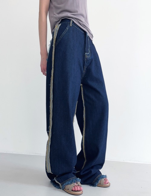 side double fringe denim pants / blue
